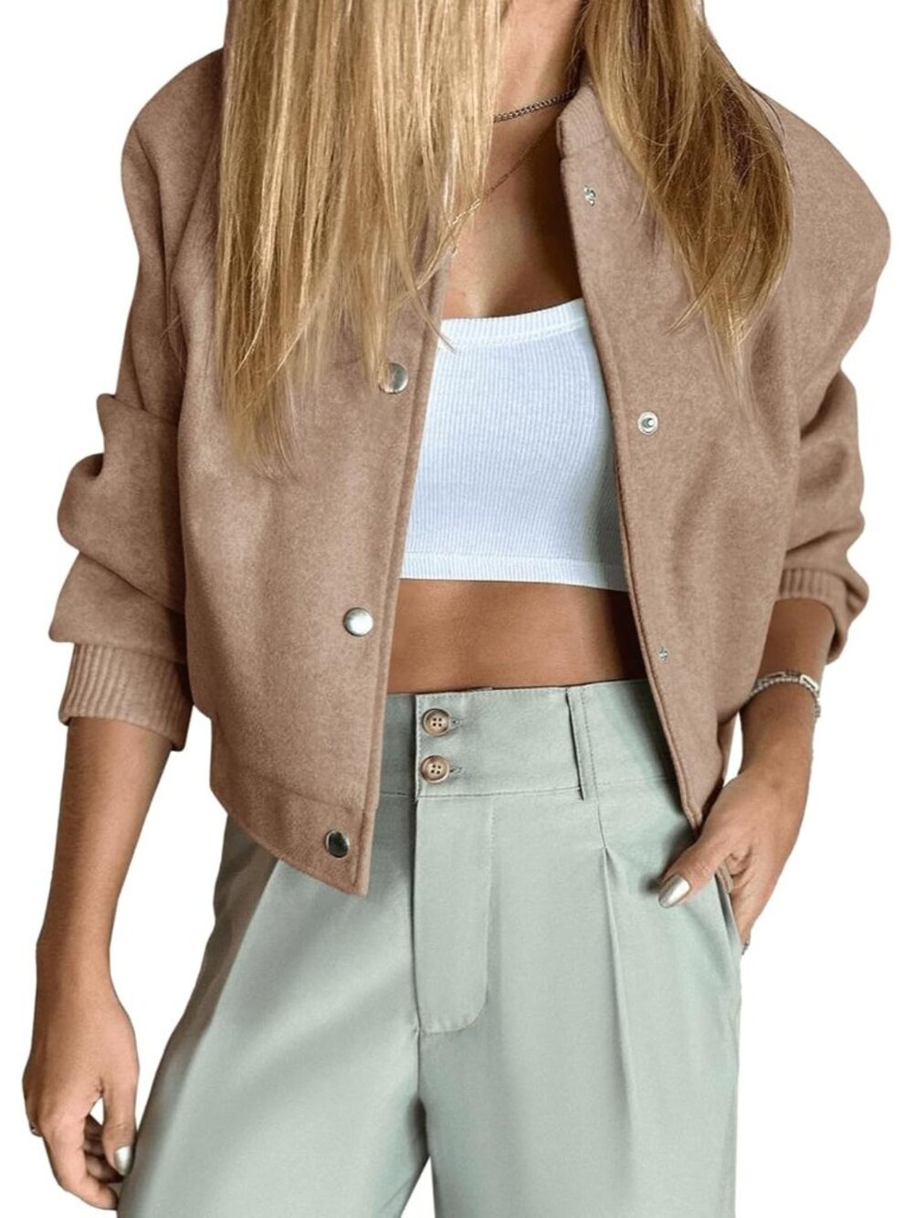Women's Brown Wool Blend Cropped Varsity Short Button Down Pea Bomber Jacket